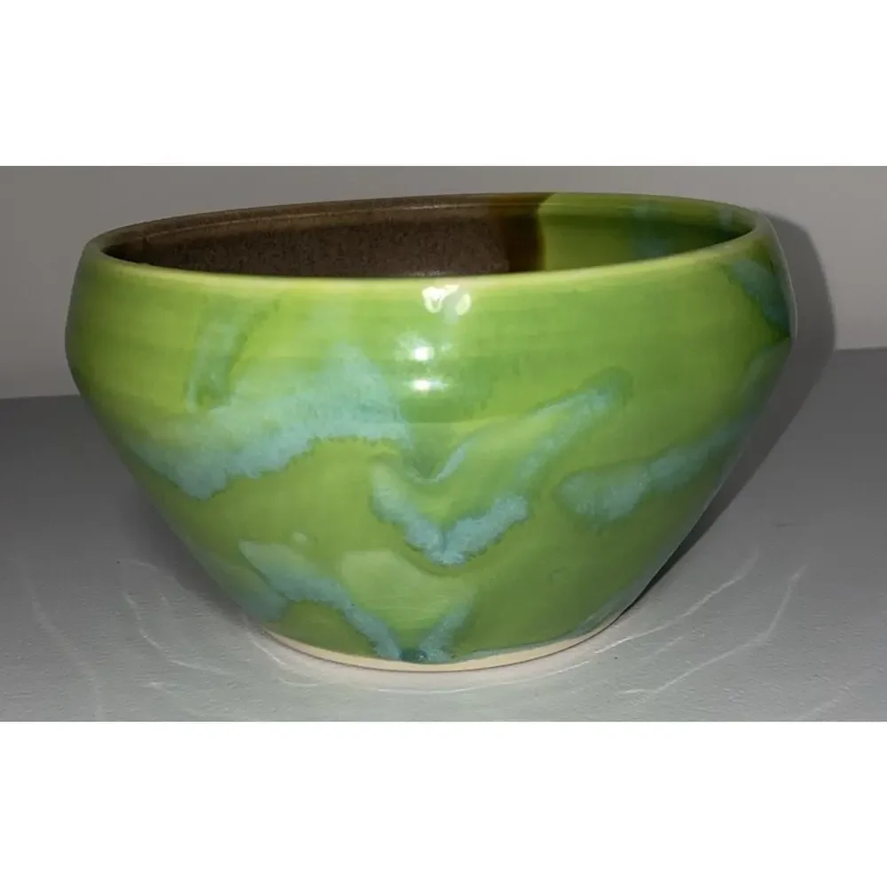 Hand Thrown Art Pottery Bowl Green Glaze Artist Signed 5.25